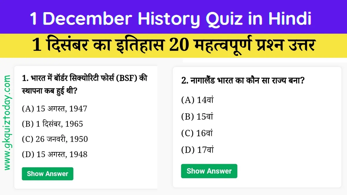 1 December History Quiz in Hindi