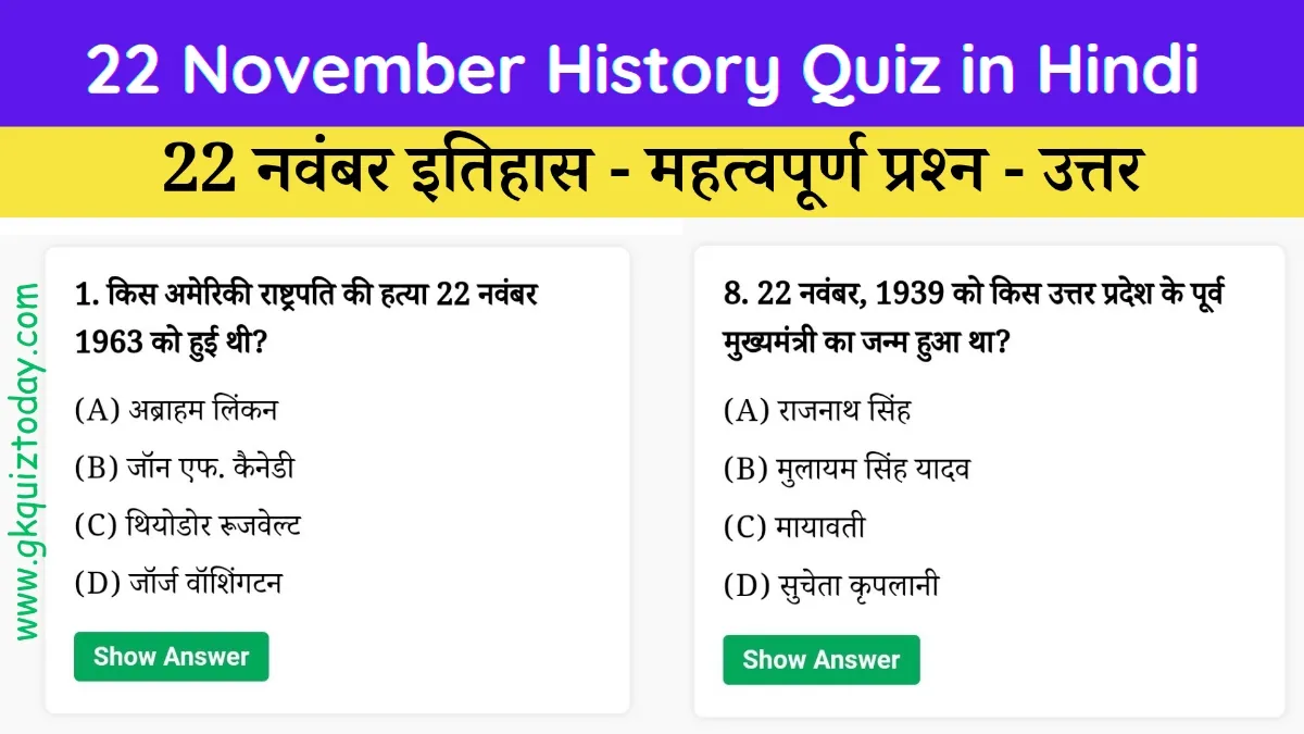 22 November History Quiz in Hindi