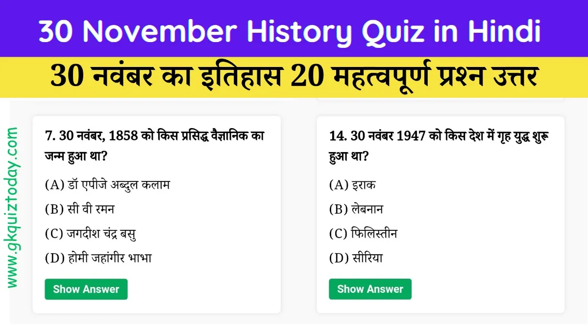 30 November History Quiz in Hindi