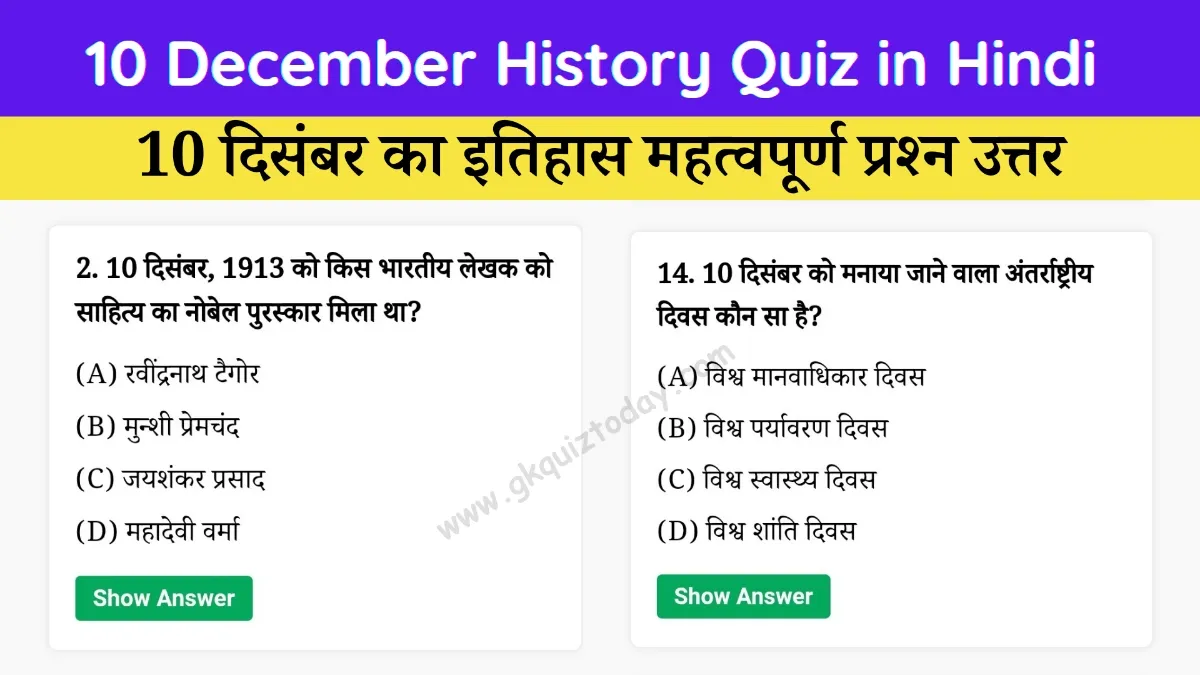 10 December History Quiz in Hindi