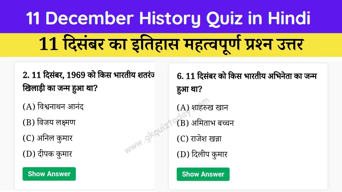 11 December History Quiz in Hindi