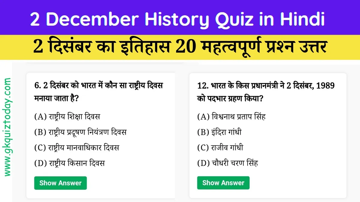 2 December History Quiz in Hindi