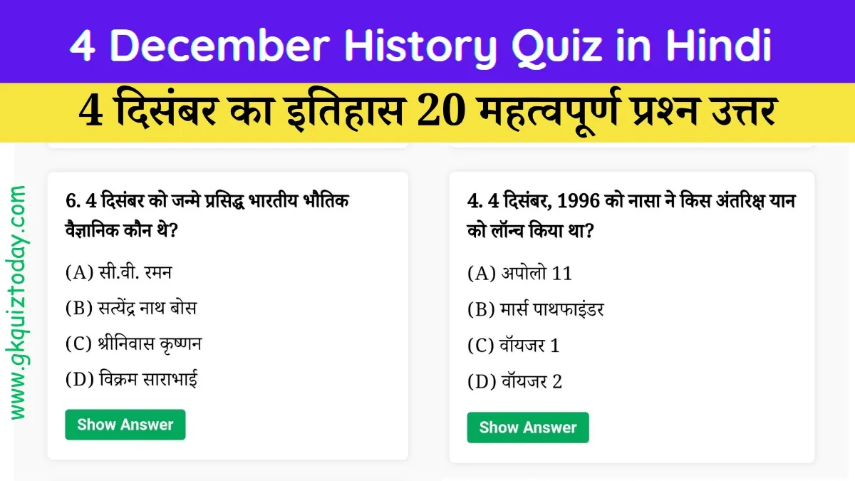 4 December History Quiz in Hindi