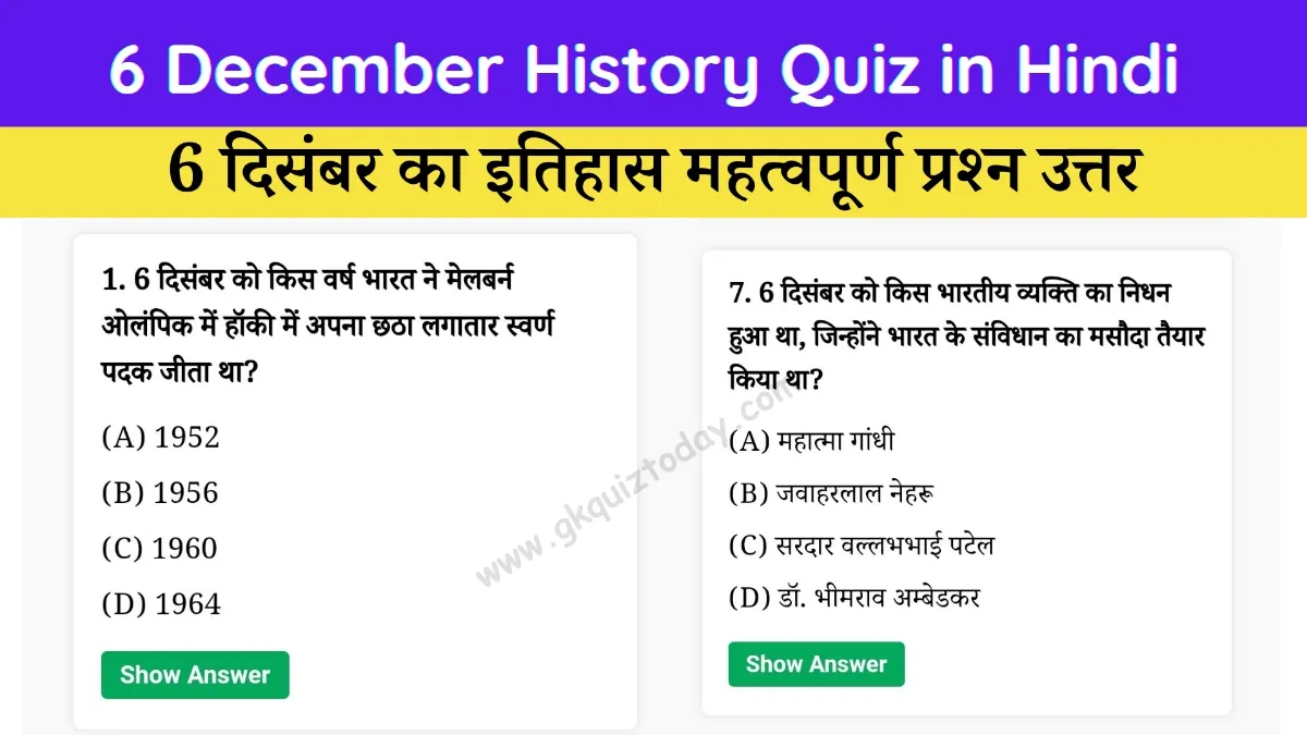 6 December History Quiz in Hindi