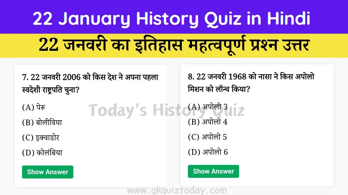 22 January History Quiz in Hindi